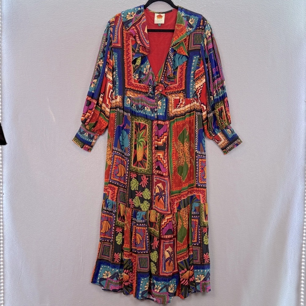 Farm Rio women’s Patchwork Tapestry ankle maxi Dress ruffle V-neck‎ tiered red M - Picture 8 of 11